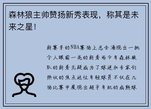森林狼主帅赞扬新秀表现，称其是未来之星！